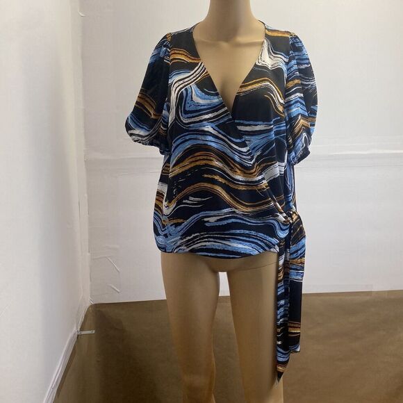 Nine West Blouse Wrap Top Silky Shirt Womens Size Large Short Sleeve Tie Waist - Picture 10 of 15